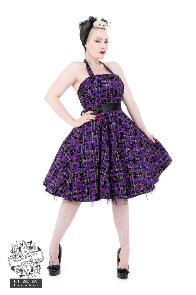 Kiara Purple Tartan Flocked Halterneck Dress